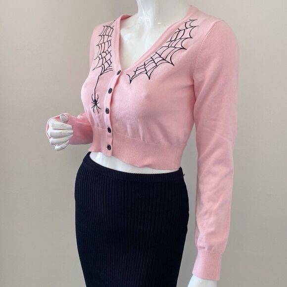 Dolls Kill Brand Widow Pink Cropped Cardigan w Spider Web Design Rockabilly Goth - Picture 4 of 7